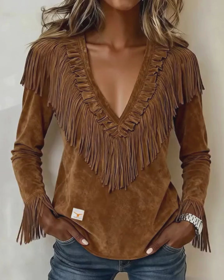 Maribel │ Suede Fringe V-Neck Top